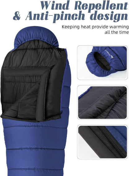 Forceatt Schlafsack Winter -7°C bis 20°C Mumienschlafsack 210x80cm wasserabweisend, leicht 4-Jahreszeiten für Camping Wandern Reisen Blau