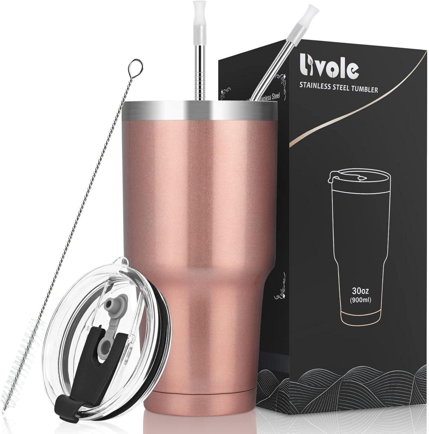 Livole 30oz Doppelwandiger Edelstahl Thermobecher mit Strohhalm