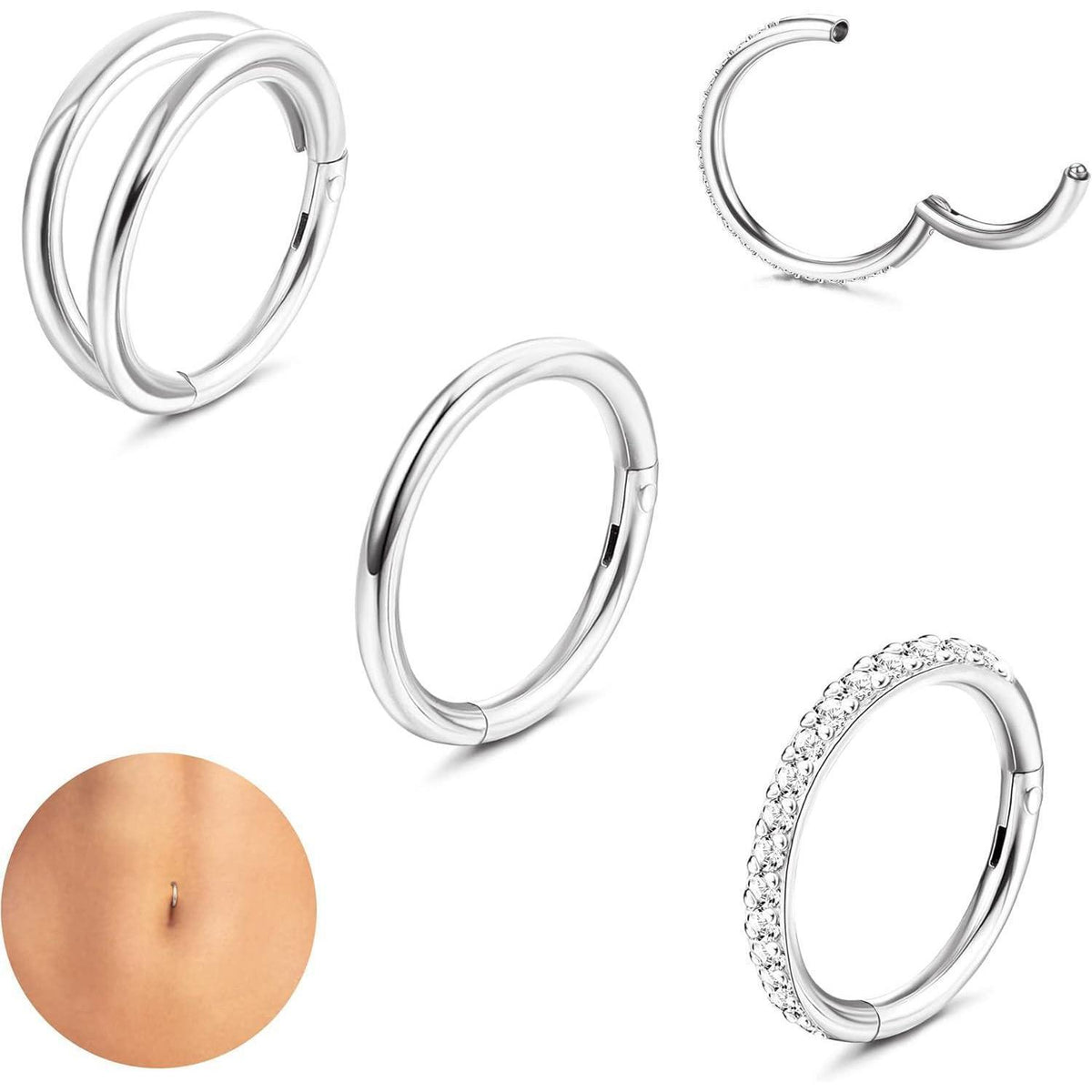Bauchnabelpiercing Set 3 Stück Chirurgenstahl mit Zirkonia 14G 8mm Gold Silber