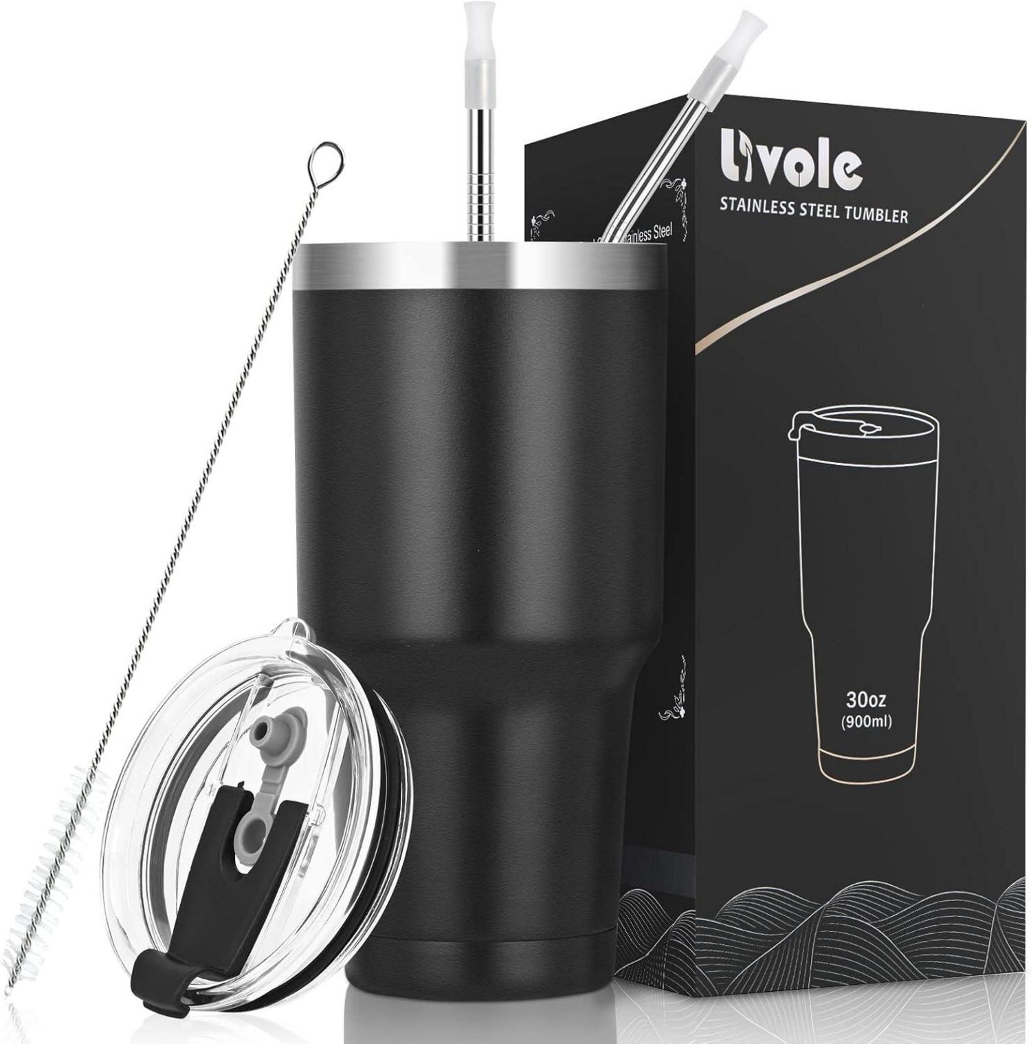 Livole 30oz Doppelwandiger Thermobecher mit Strohhalm