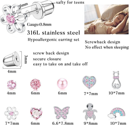 10 Paar Mädchen Ohrstecker Set 316L Chirurgenstahl Zirkonia