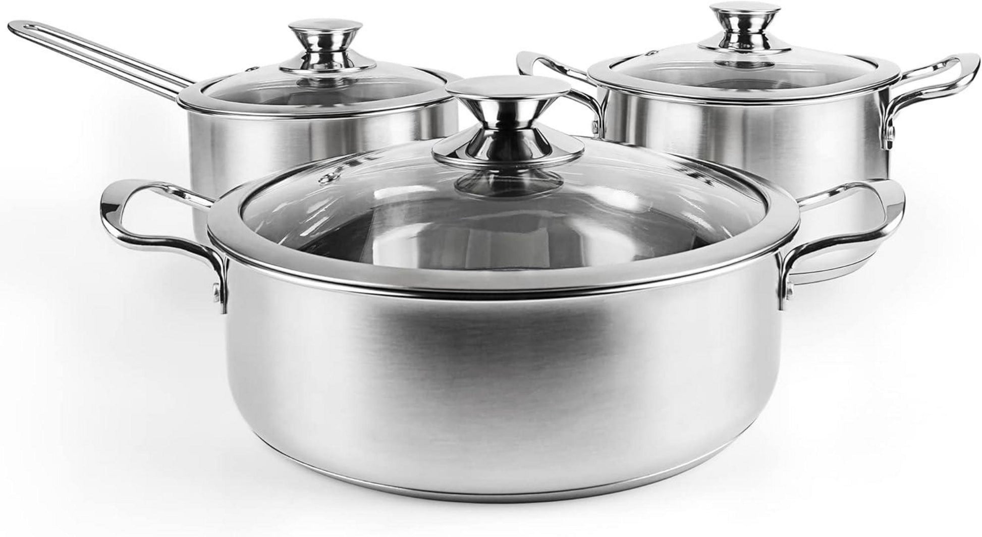 Edelstahl Kochtopfset mit Glasdeckeln und Griff, 6-teilig