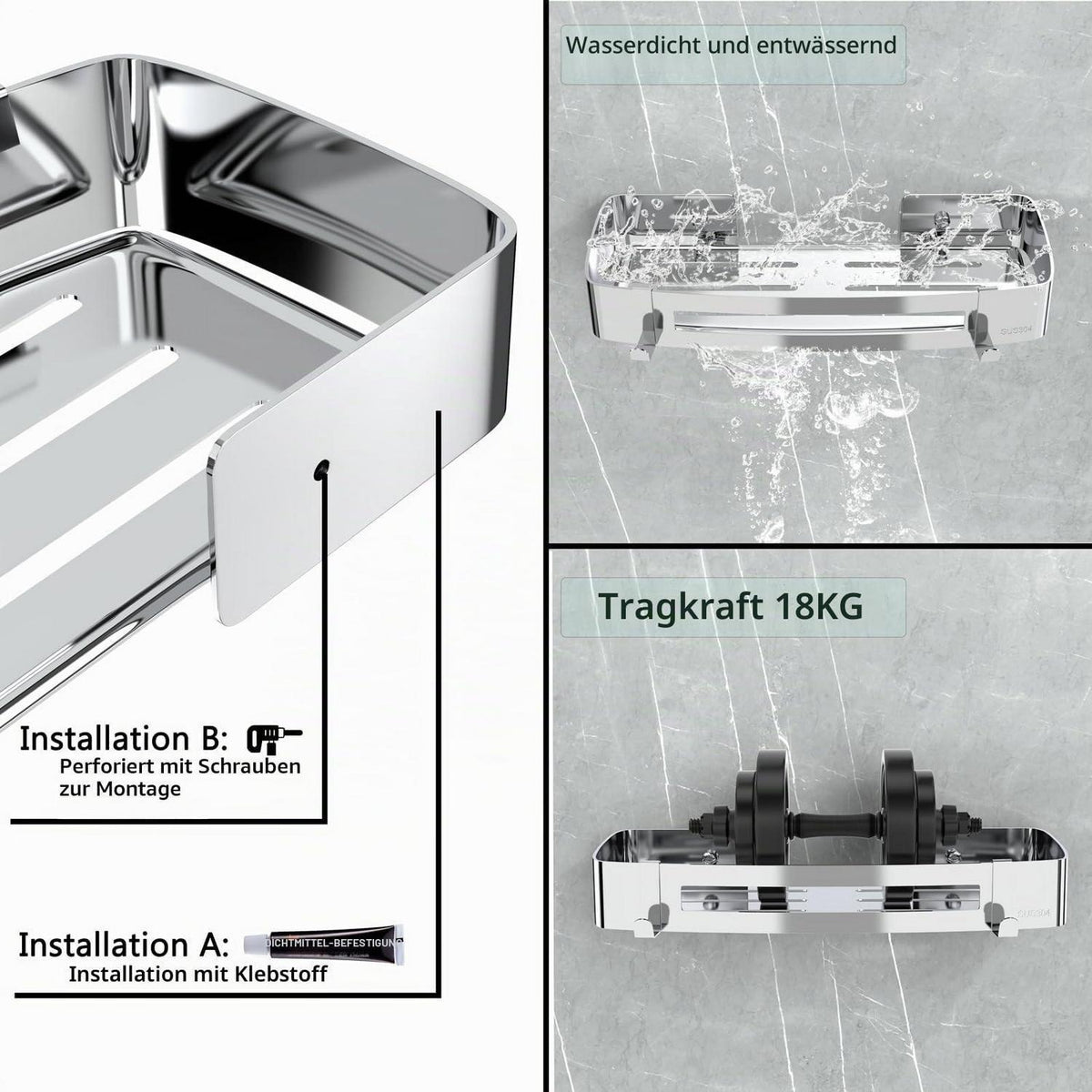 Duschablage Ohne Bohren, Edelstahl Eckregal mit Haken