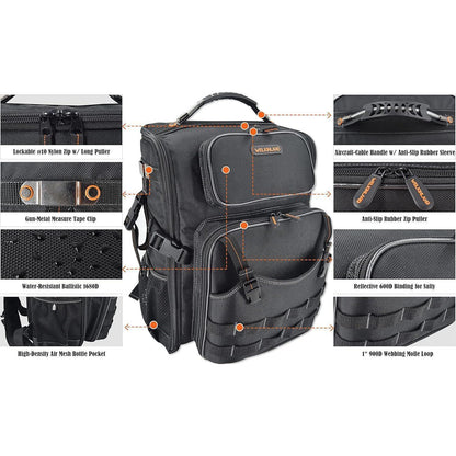 Werkzeugrucksack mit 44 Taschen, vollständig zu öffnen, orangefarbenes Innenfutter