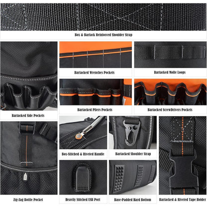 Werkzeugrucksack mit 44 Taschen, vollständig zu öffnen, orangefarbenes Innenfutter