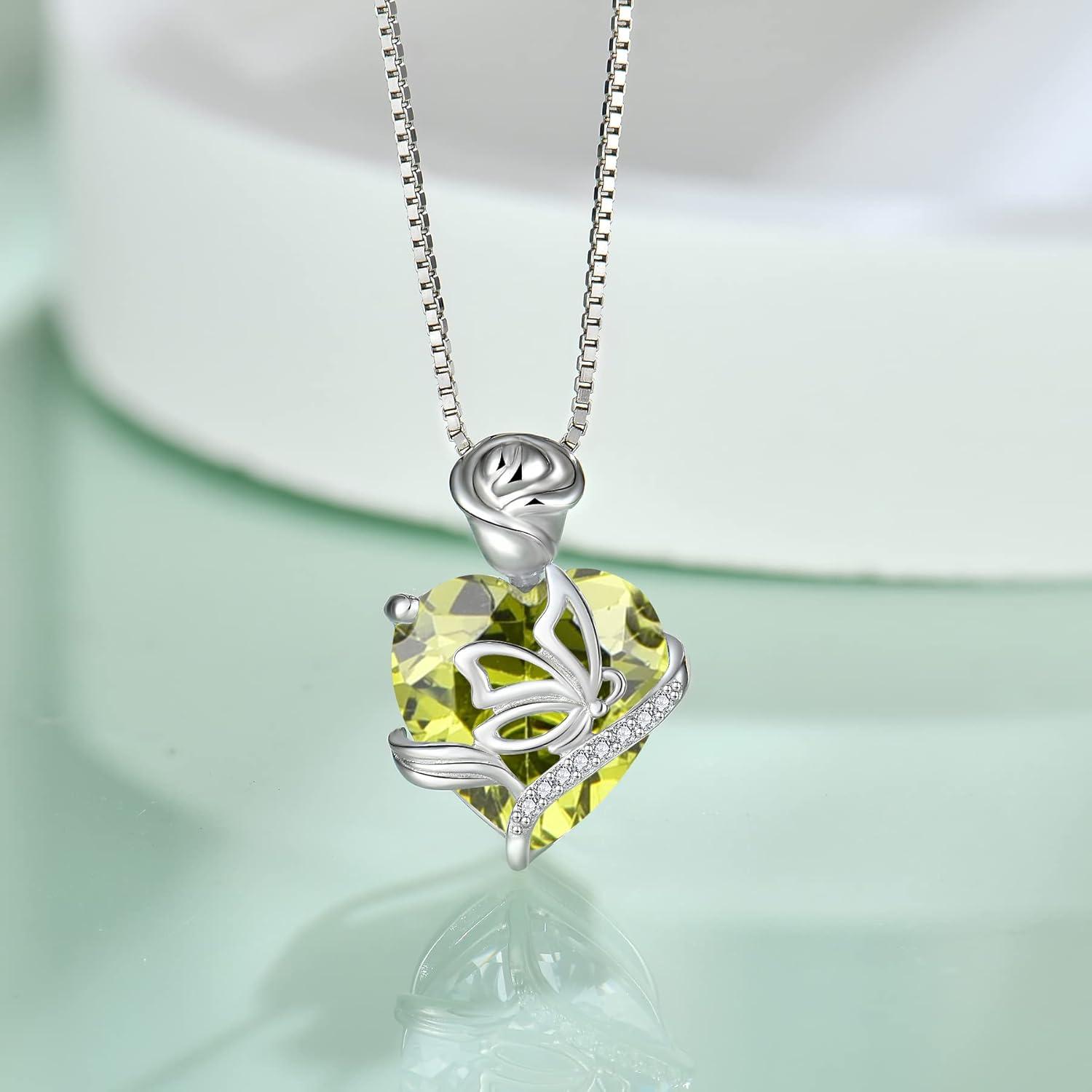 Geburtsstein Herz Kette 925 Sterling Silber Schmetterling Anhänger
