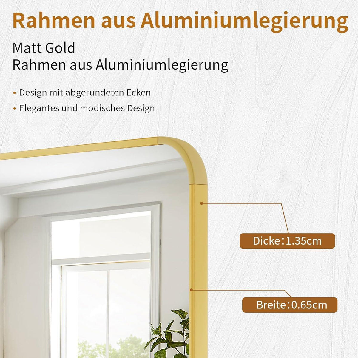 Standspiegel Ganzkörper Gold 163cm – Abgerundete Ecken & Leaning