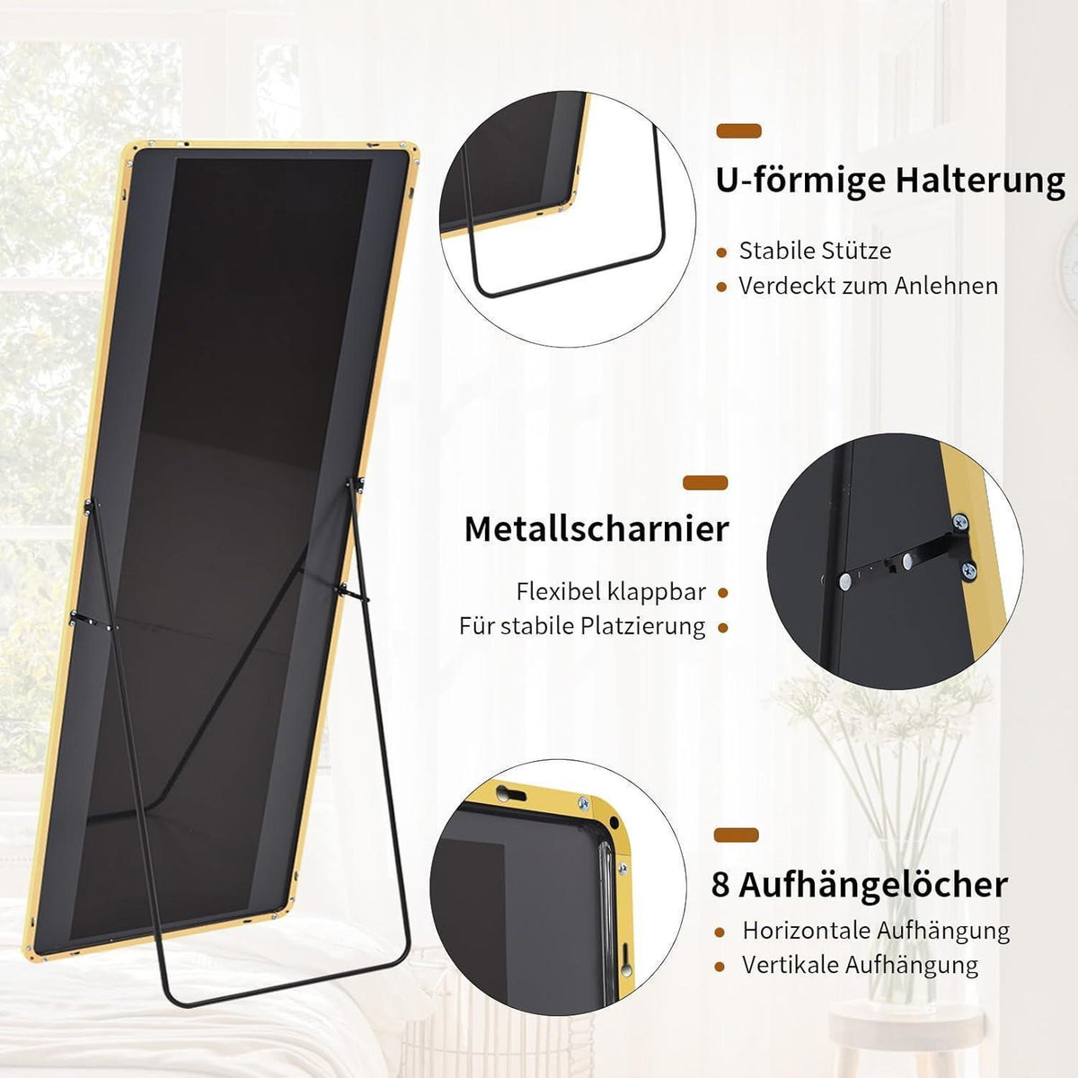 Standspiegel Ganzkörper Gold 163cm – Abgerundete Ecken & Leaning