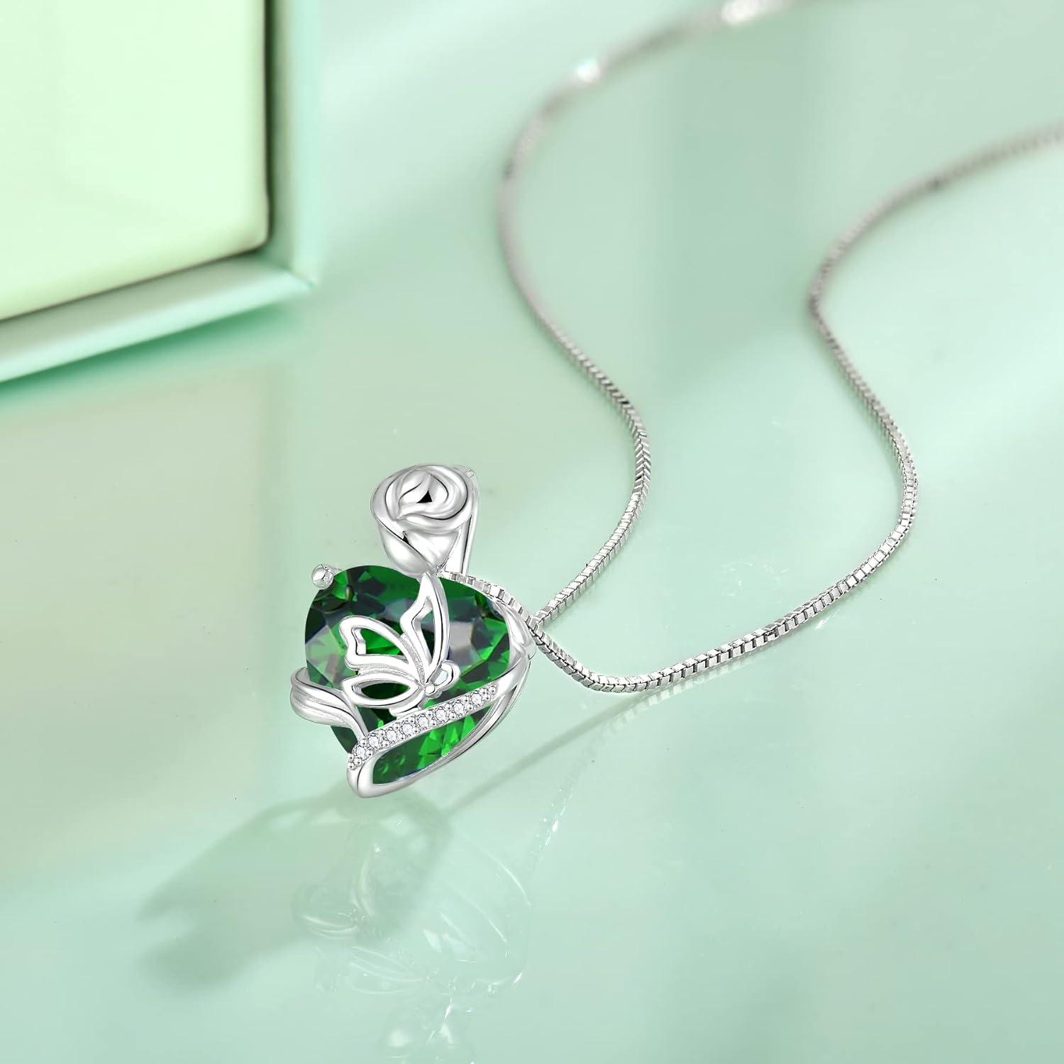 Herz Geburtsstein Halskette 925 Sterling Silber Schmetterling Rose Blume