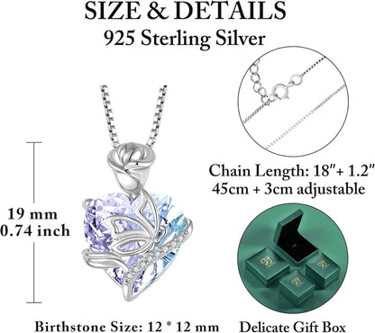 Herz Geburtsstein Kette Damen 925 Silber Schmetterling Rose Blume