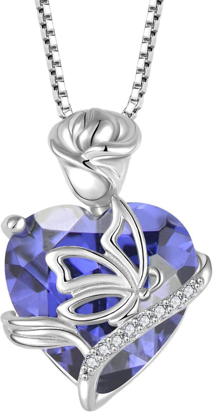925 Sterling Silber Herz Geburtsstein Kette Schmetterling Rose