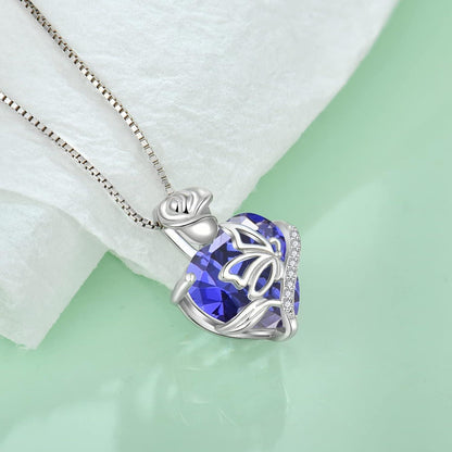 FJ Geburtsstein Herz Kette 925 Sterling Silber Schmetterling Anhänger Rose Geschenk Frau Mutter Freundin Mama Tansanit