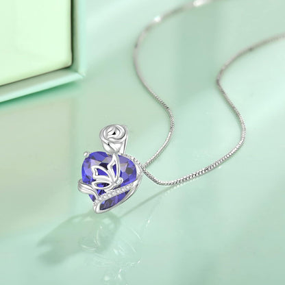 Herz Geburtsstein Kette Damen 925 Silber Schmetterling Rose Blume Halskette