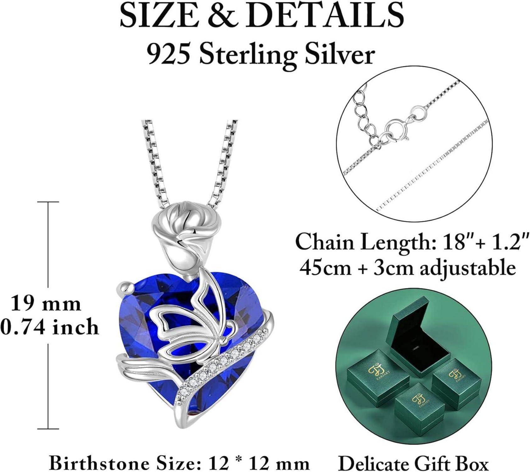 Herz Geburtsstein Kette Damen 925 Silber Saphir Schmetterling Rose