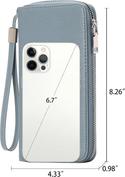 Damen Geldbörse RFID Blockierung große Kapazität Leder Reißverschluss Himmelblau