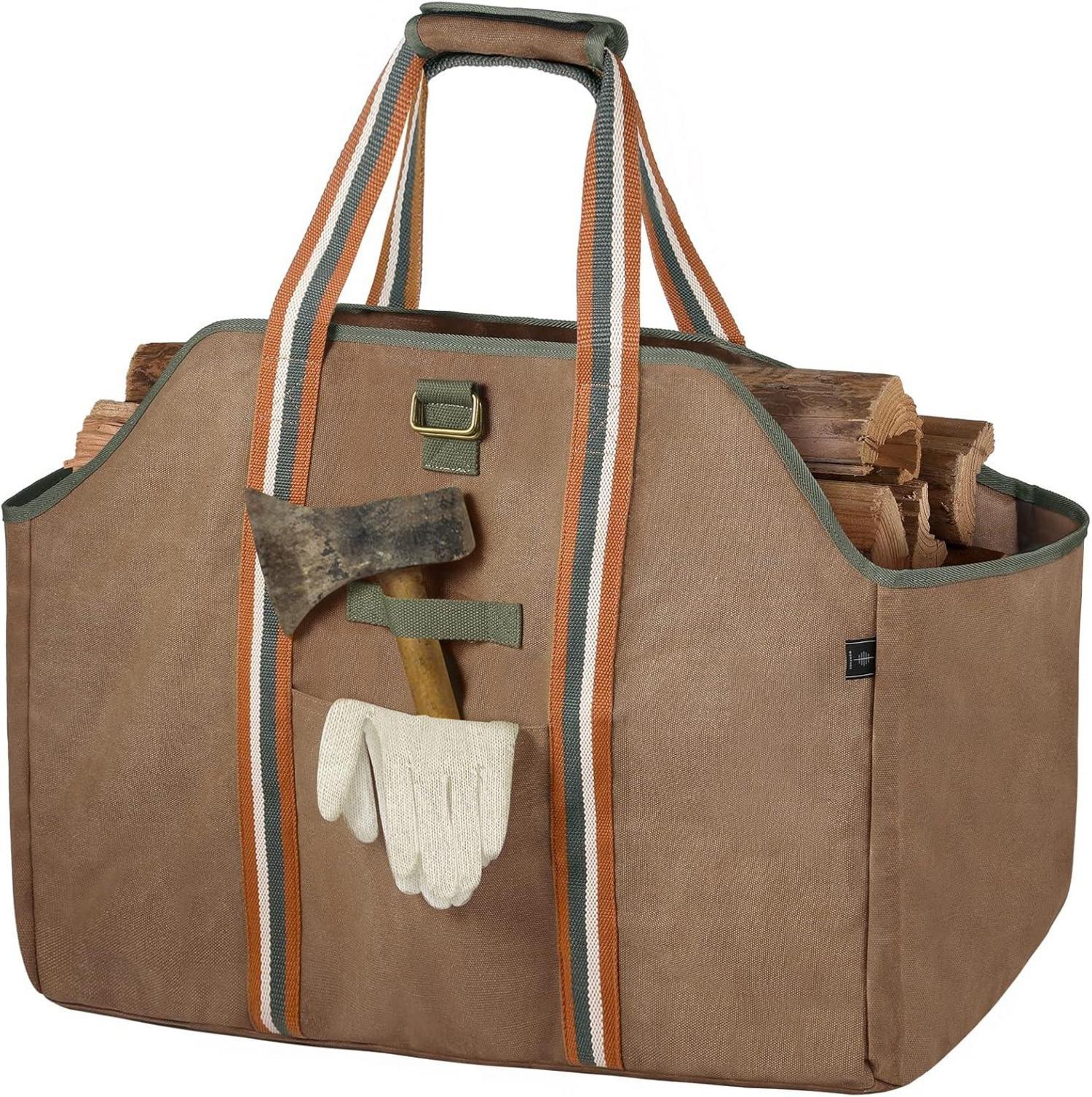 Kaminholztasche Tragetasche aus gewachstem Segeltuch Braun