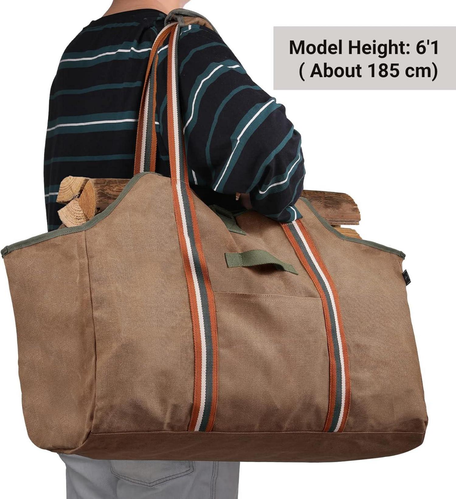 Kaminholztasche Tragetasche aus gewachstem Segeltuch Braun