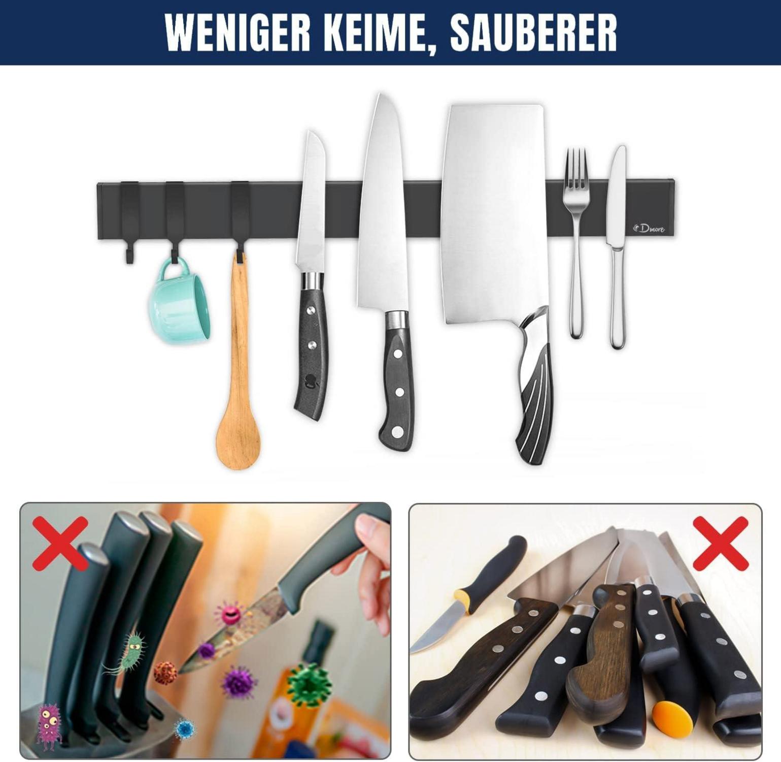 2er Set Dmore Magnetleiste Messerhalter 40 cm mit 3 Haken schwarz magnetisch Edelstahl