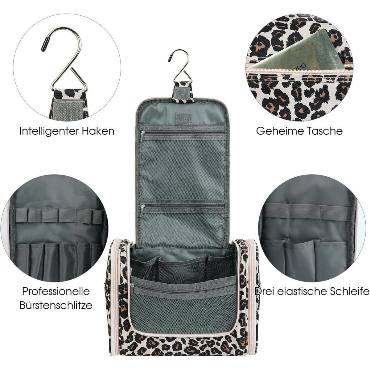 Große Kulturtasche zum Aufhängen, Rosa Leopard