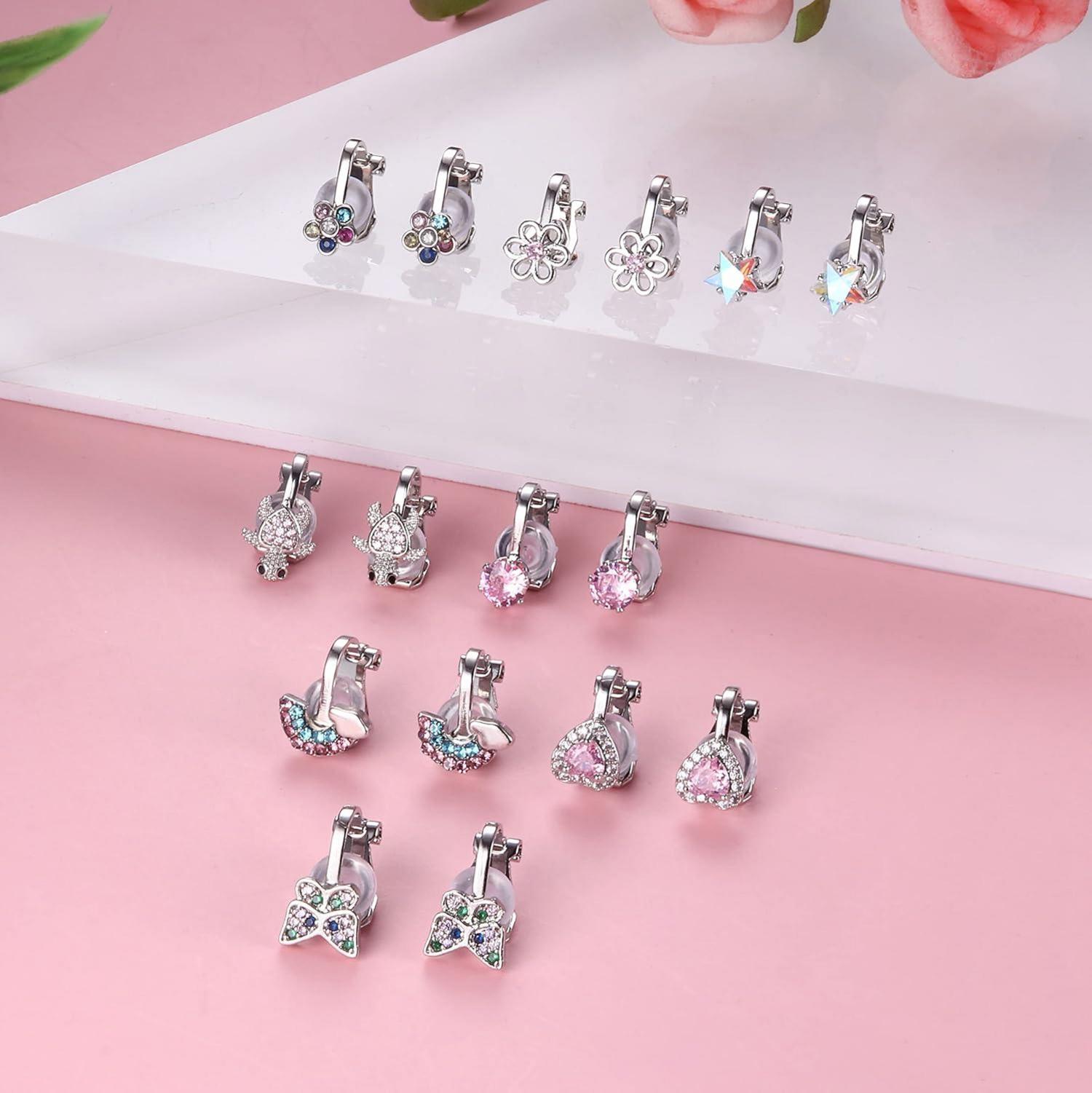 Clip on Ohrringe Mädchen 8 Paar Herz Stern Blumen Schildkröten Niedlich Rosa