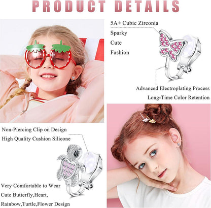 Clip-on Ohrringe Kinder Mädchen 8er Set Herz Stern Blumen Schildkröten Rosa