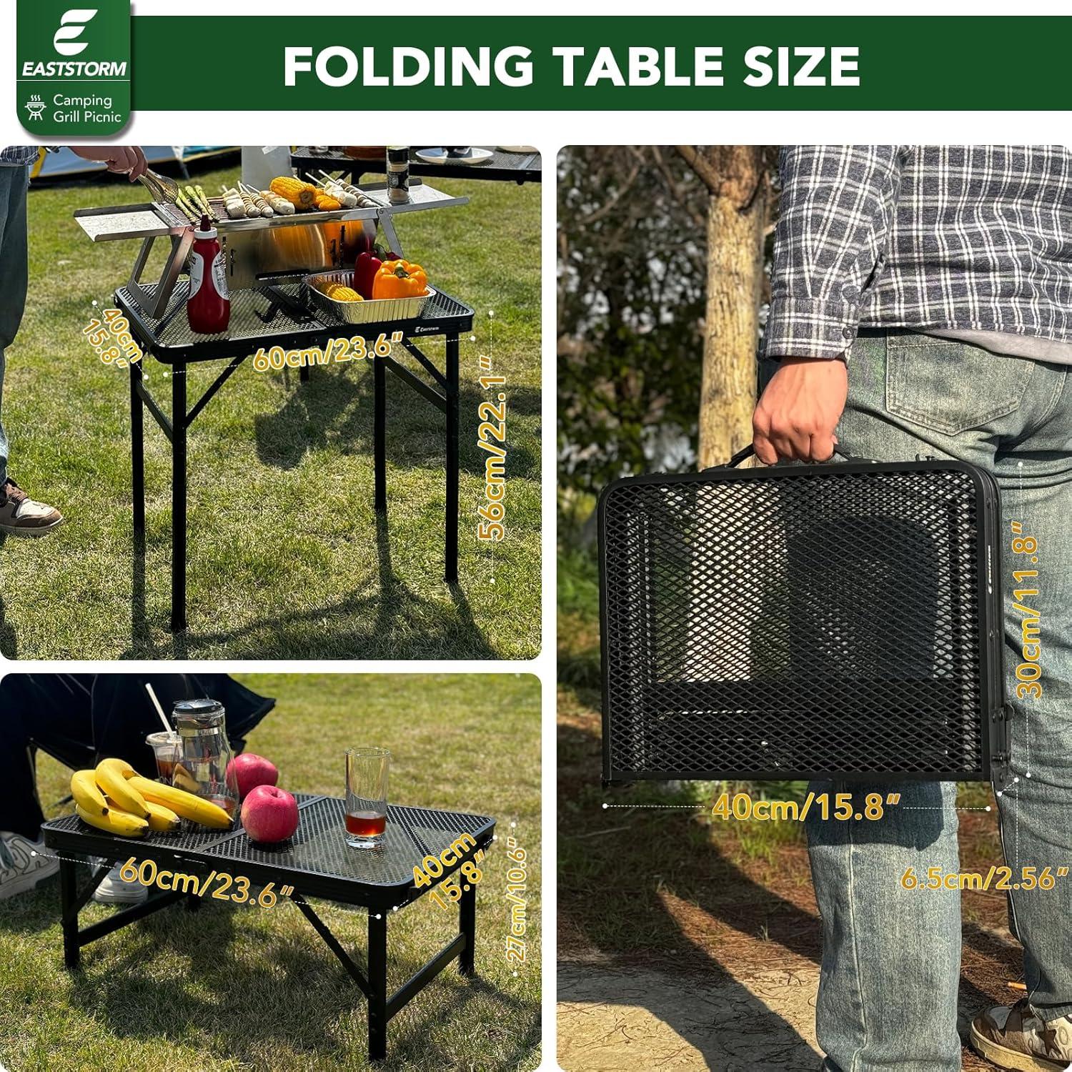 Klappbarer Campingtisch mit Metallgitterplatte - 2 Höhenverstellbar - Leicht und Tragbar - 60x40cm - Schwarz