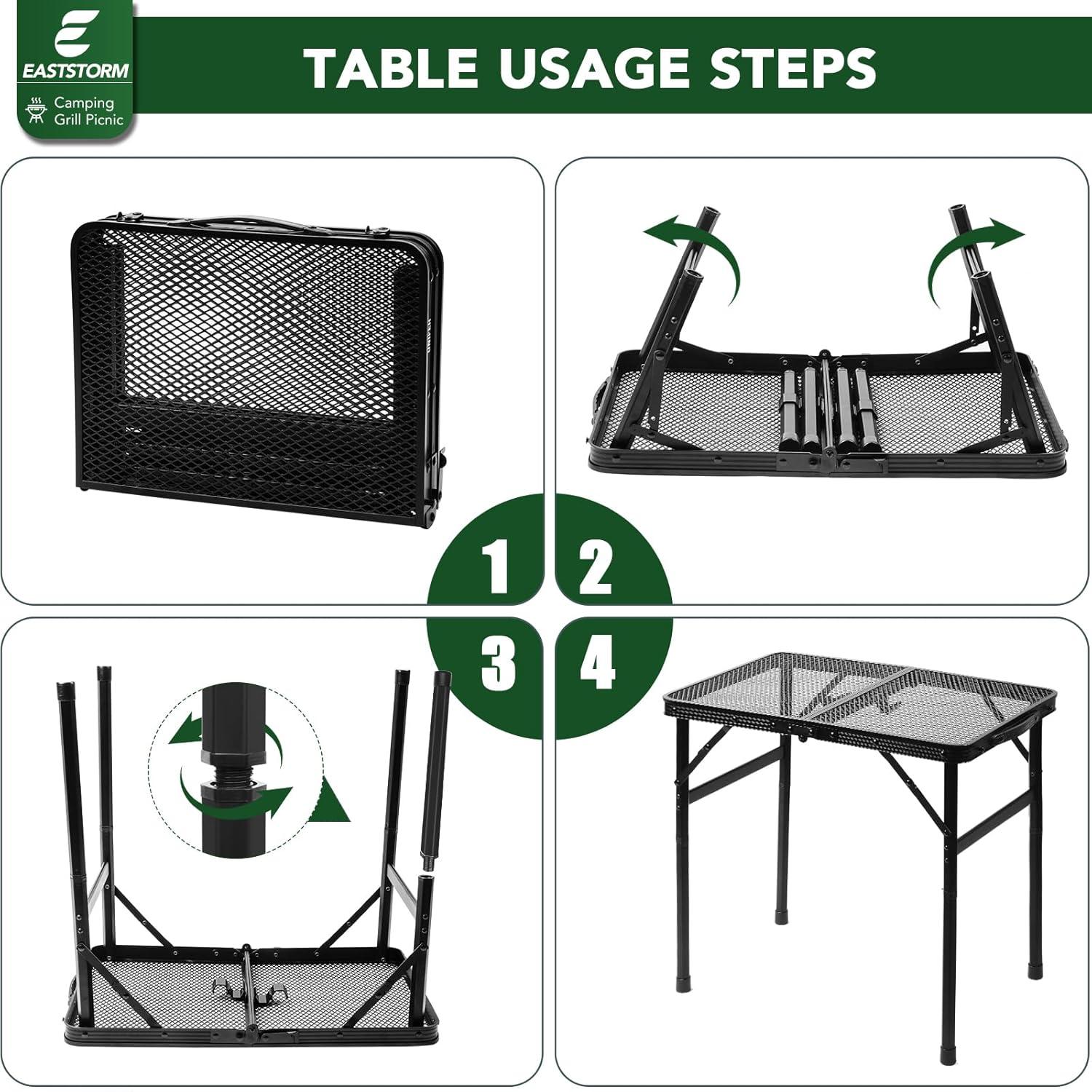 Klappbarer Campingtisch mit Metallgitterplatte - 2 Höhenverstellbar - Leicht und Tragbar - 60x40cm - Schwarz