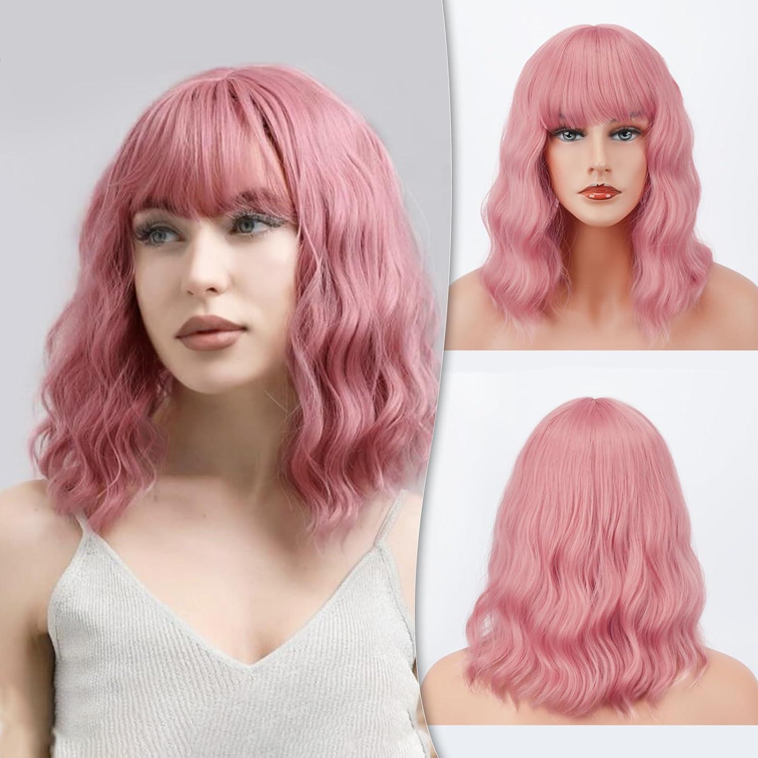 Synthetische Kurze Bob Perücke mit Pony lockige gewellte Rosa Cosplay