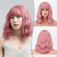 Synthetische Kurze Bob Perücke mit Pony lockige gewellte Rosa Cosplay