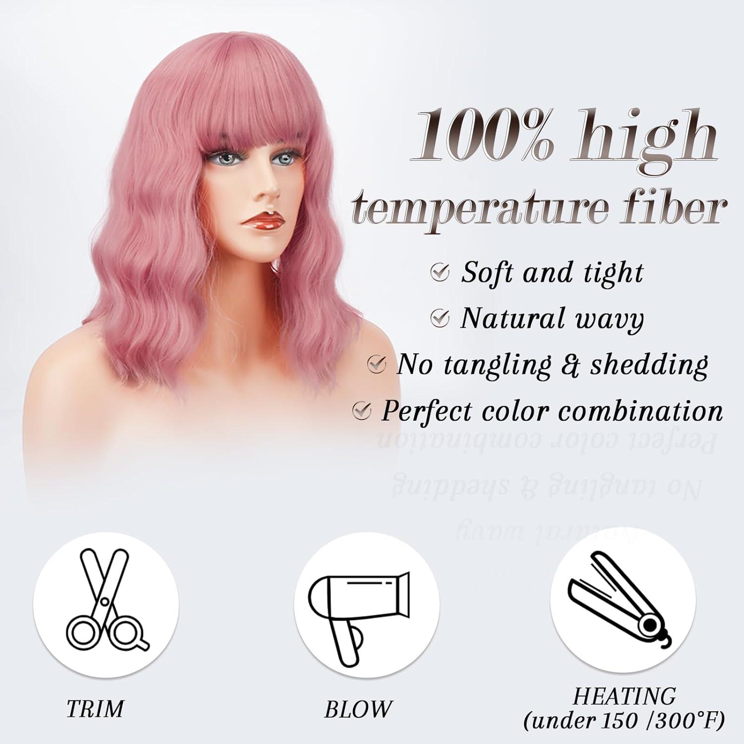 Synthetische Kurze Bob Perücke mit Pony lockige gewellte Rosa Cosplay