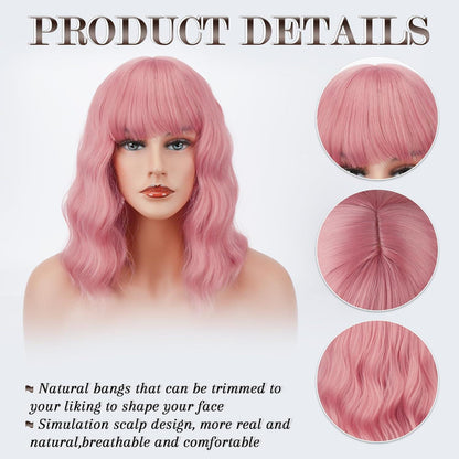 Barsdar Kurze Bob Perücke mit Pony Schulterlange Lockige Synthetische Cosplay Perücke in Rosa