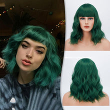 Lockige Bob Perücke mit Pony Schulterlang Dunkelgrün Cosplay