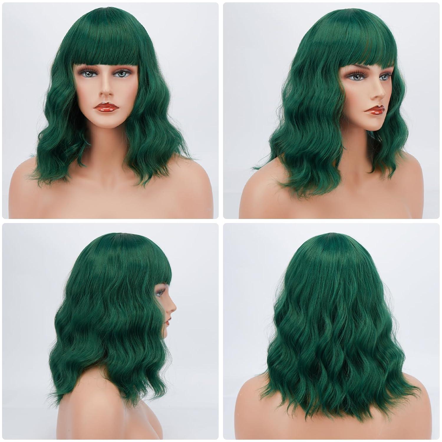 Kurze Bob Perücke mit Pony Synthetische Lockige Gewellte Perücke Frauen Cosplay Dunkelgrün