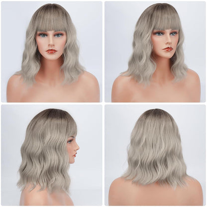 Kurze Bob Perücke mit Pony Schulterlang Lockige Synthetische Cosplay Perücke Ombre Grau