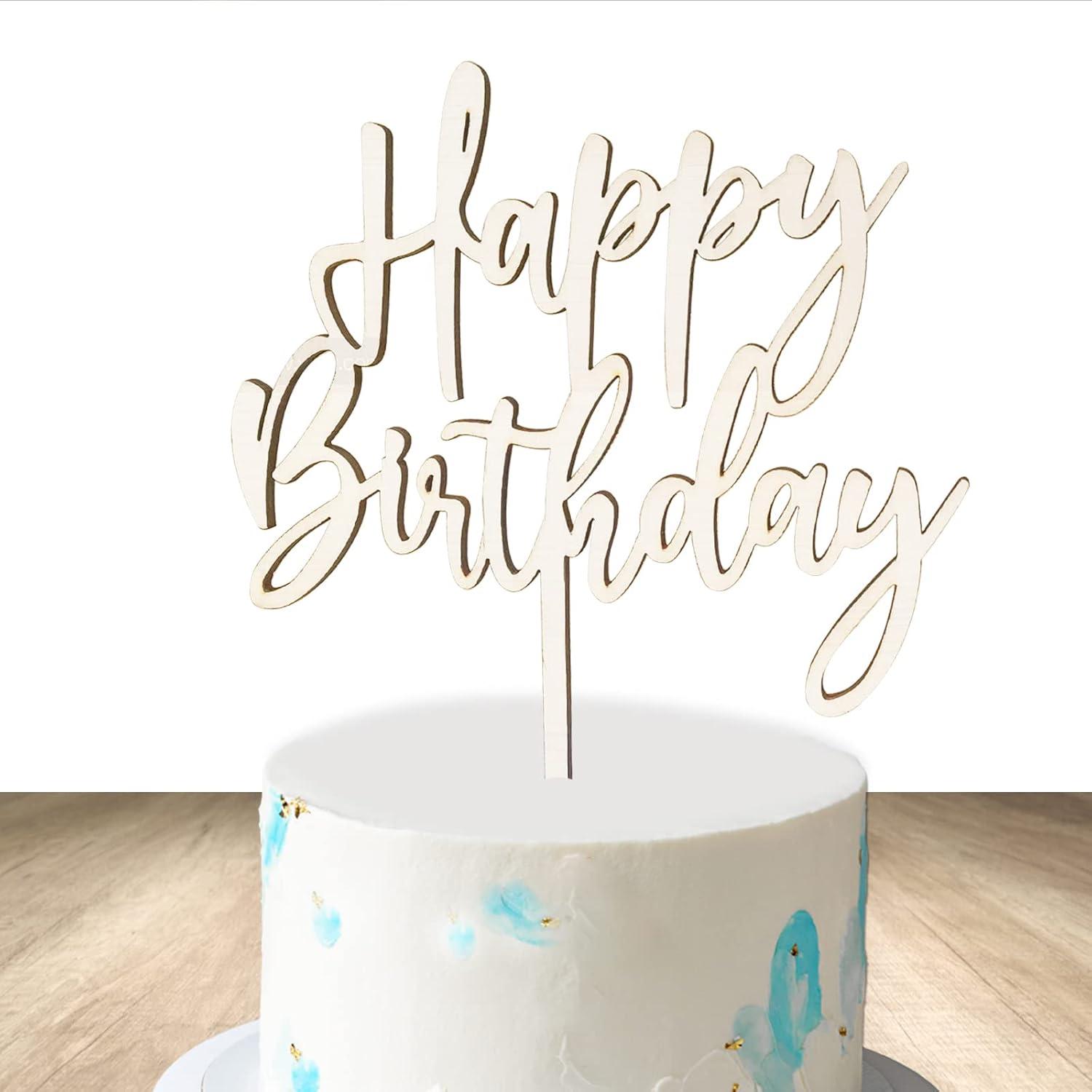 BOYATONG Cake Topper Happy Birthday aus Holz 15x20cm Beige