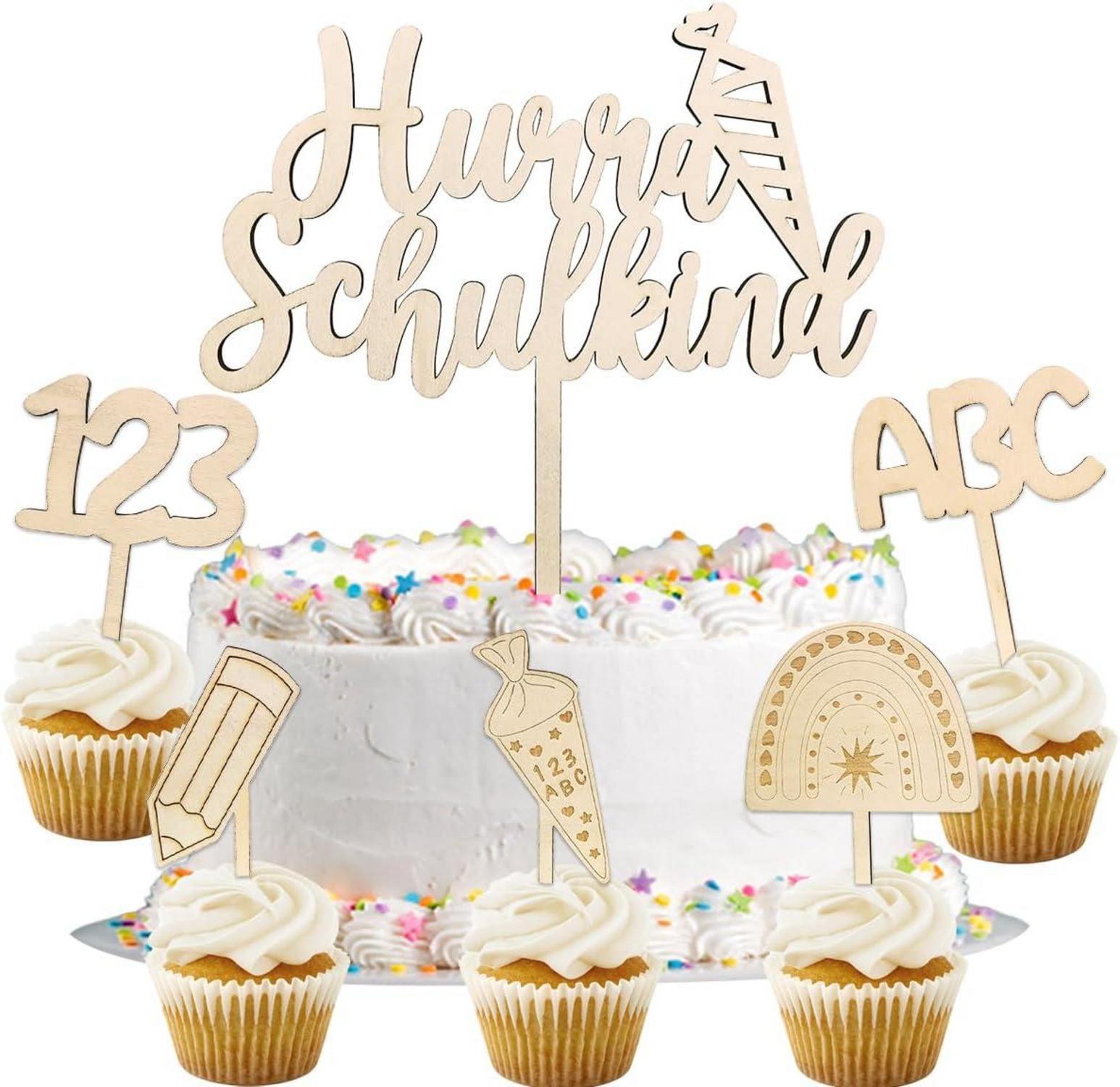 Tortendeko Einschulung 6 STK Cake Topper Schulanfang Holz Mädchen Junge