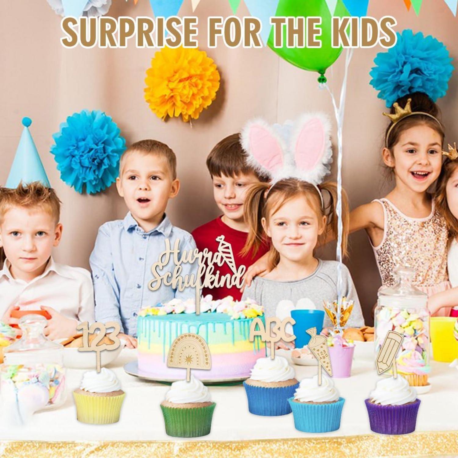 Tortendeko Einschulung Schulanfang Holz Kuchendeko Hurra ABC 123