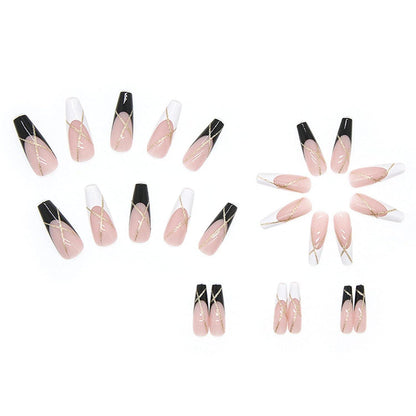 24er Set Schwarz-Weiß French Künstliche Nägel, Ballerina Kunstnägel