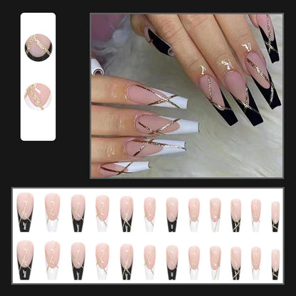 24 Swirl Press on Nägel Lang Schwarz und Weiß French Künstliche Nägel Napo in Gel Coffin Frauen BKC1