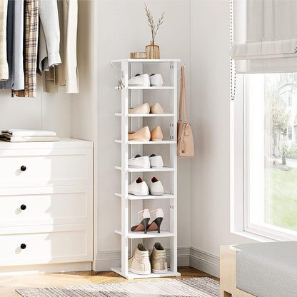 Schuhregal mit 8 Ebenen und Haken, Weiß, Stabil, Platzsparend