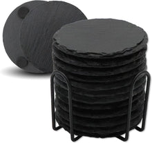 Schiefer Untersetzer 12er Set mit Halter - Rund 10,2 cm - Schwarz