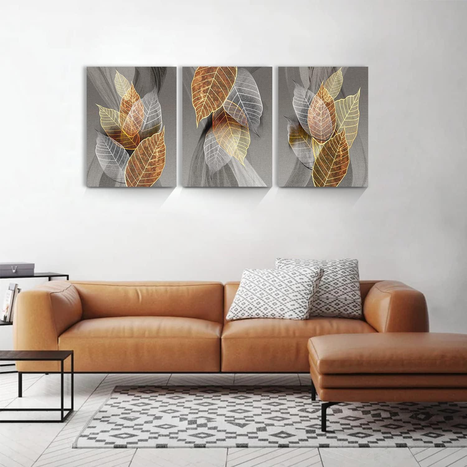 Bild Blätter Golden Wandbild Modern Leinwand 40x58 bunt 3er