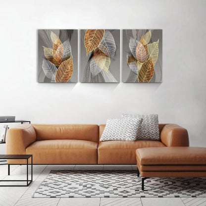 Bild Blätter Golden Wandbild Modern Leinwand 40x58 bunt 3er