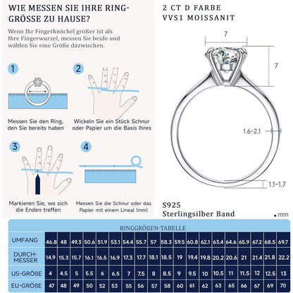 Verlobungsring Damen 1-2 Karat Moissanit Solitär 925 Silber