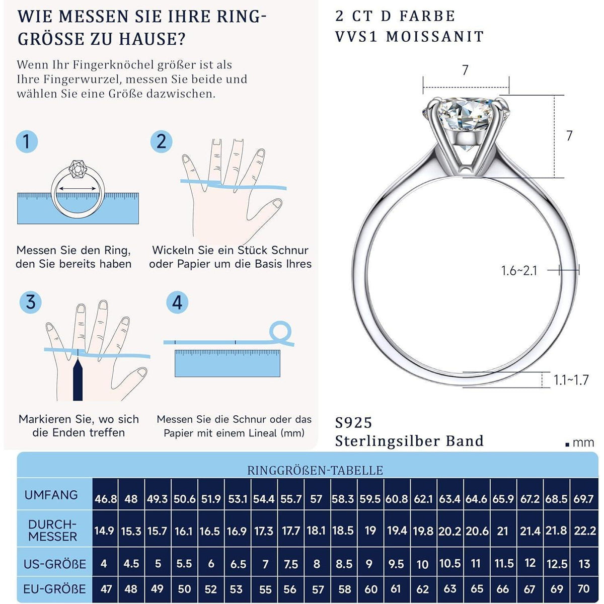 Verlobungsring Damen Moissanit 2 Karat 925 Sterling Silber D VVS1