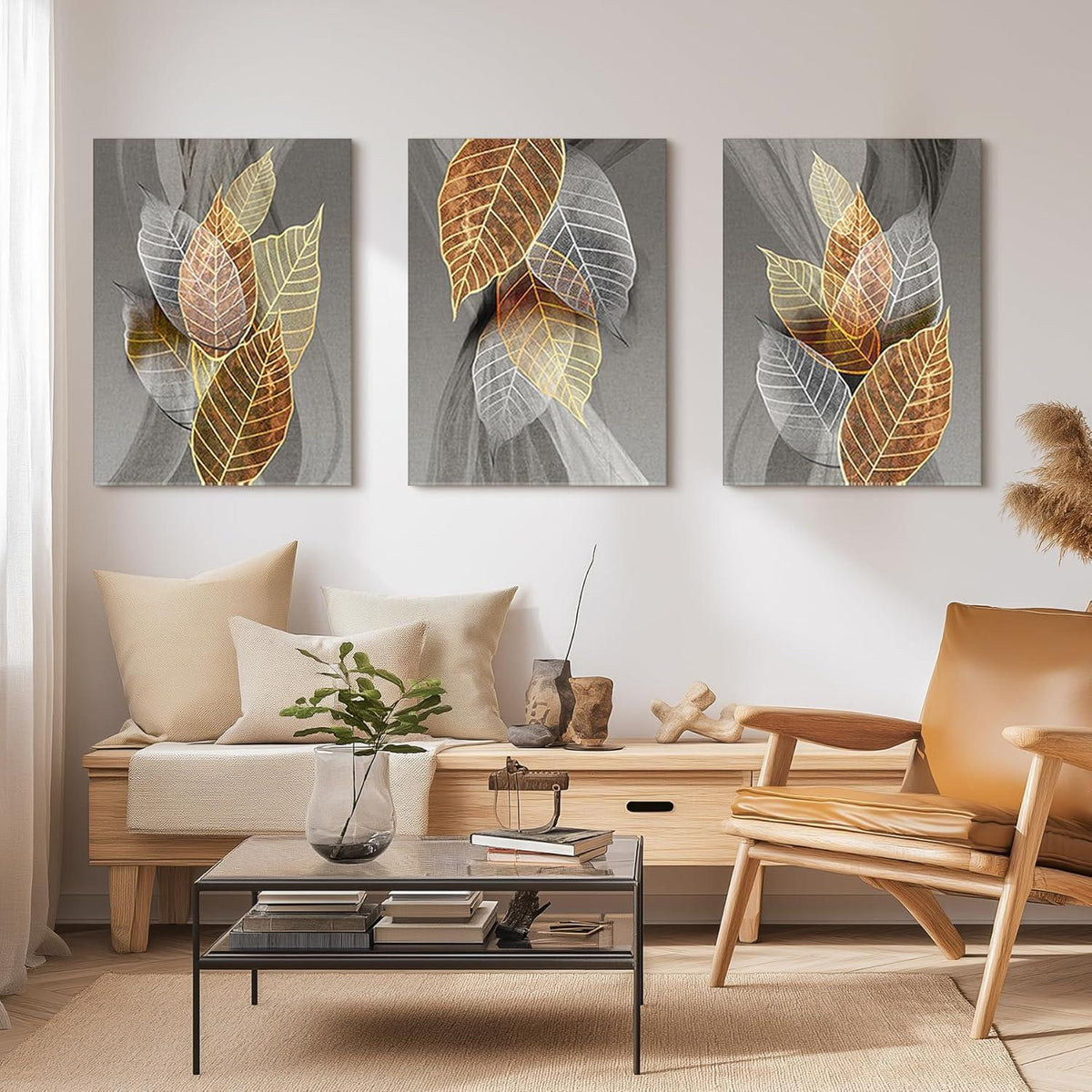 Bilder 3er Set Wanddeko Abstract Gold Blätter 50x70 cm