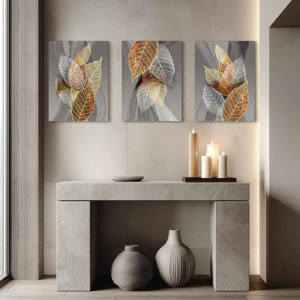 Bilder 3er Set Wanddeko Abstract Gold Blätter 50x70 cm