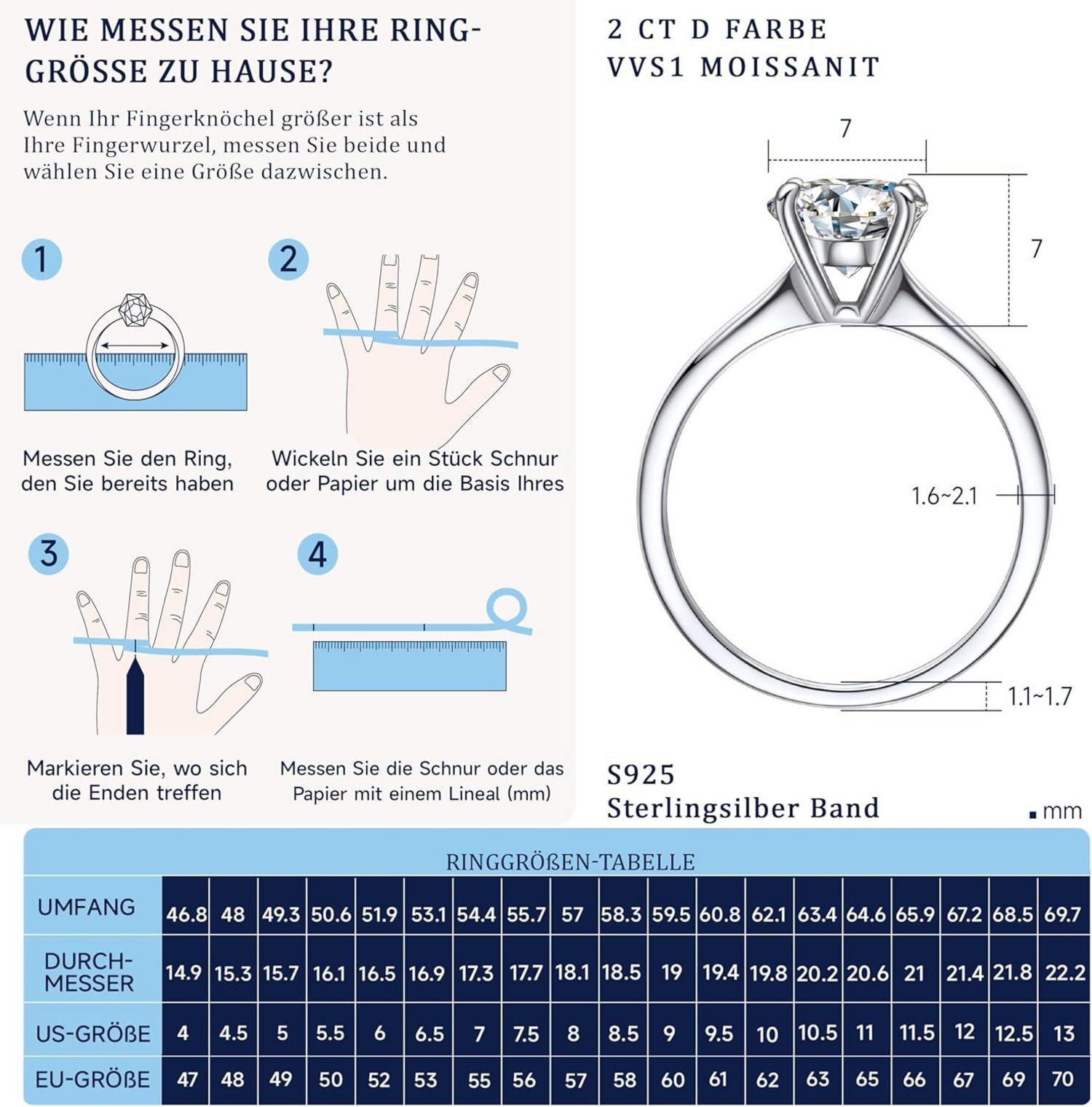 Verlobungsring Damen 1-2 Karat Moissanit Solitär 925 Silber D VVS1