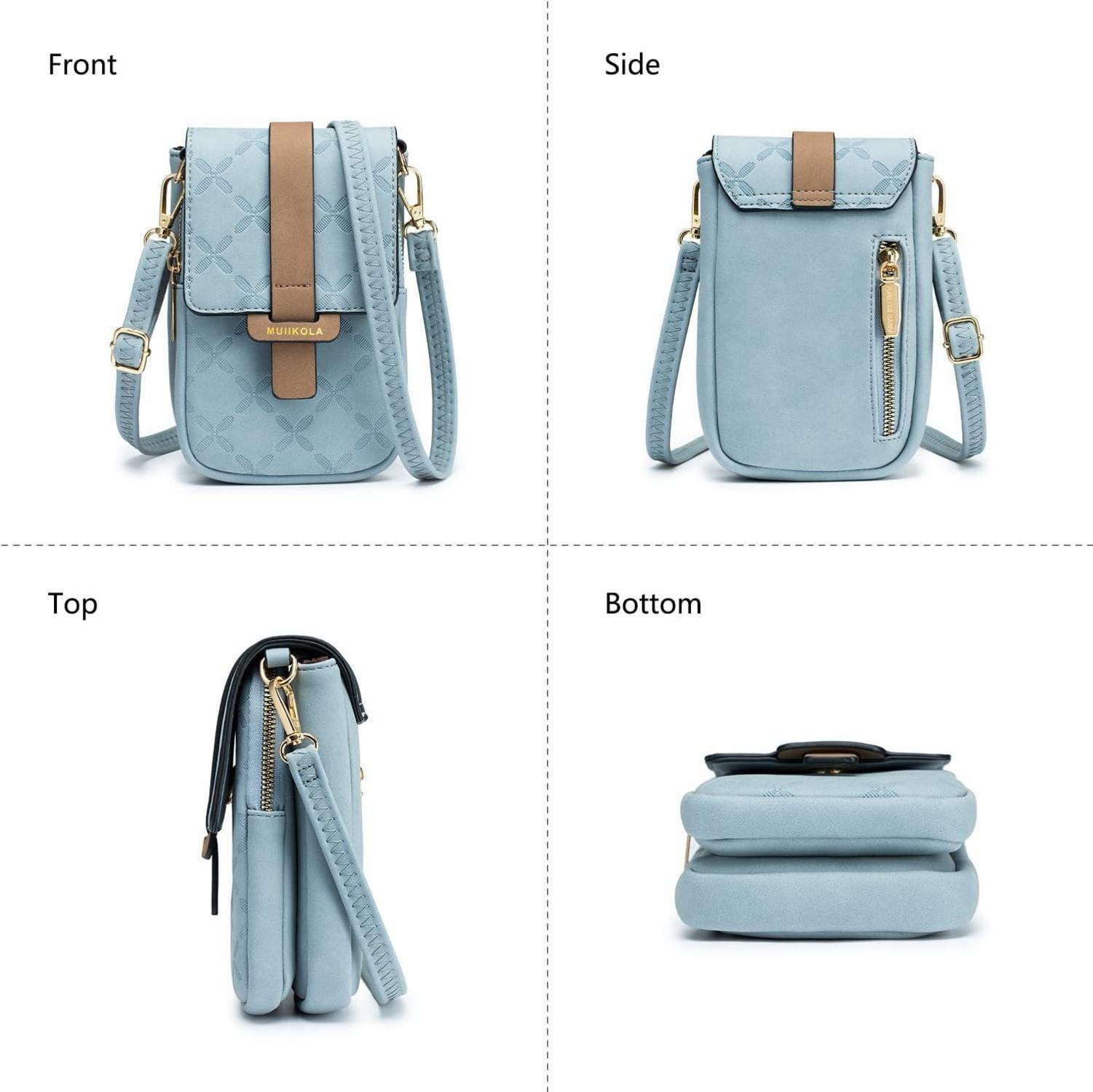 Damen Handytasche RFID Leder Umhängetasche Schultergurt Blau