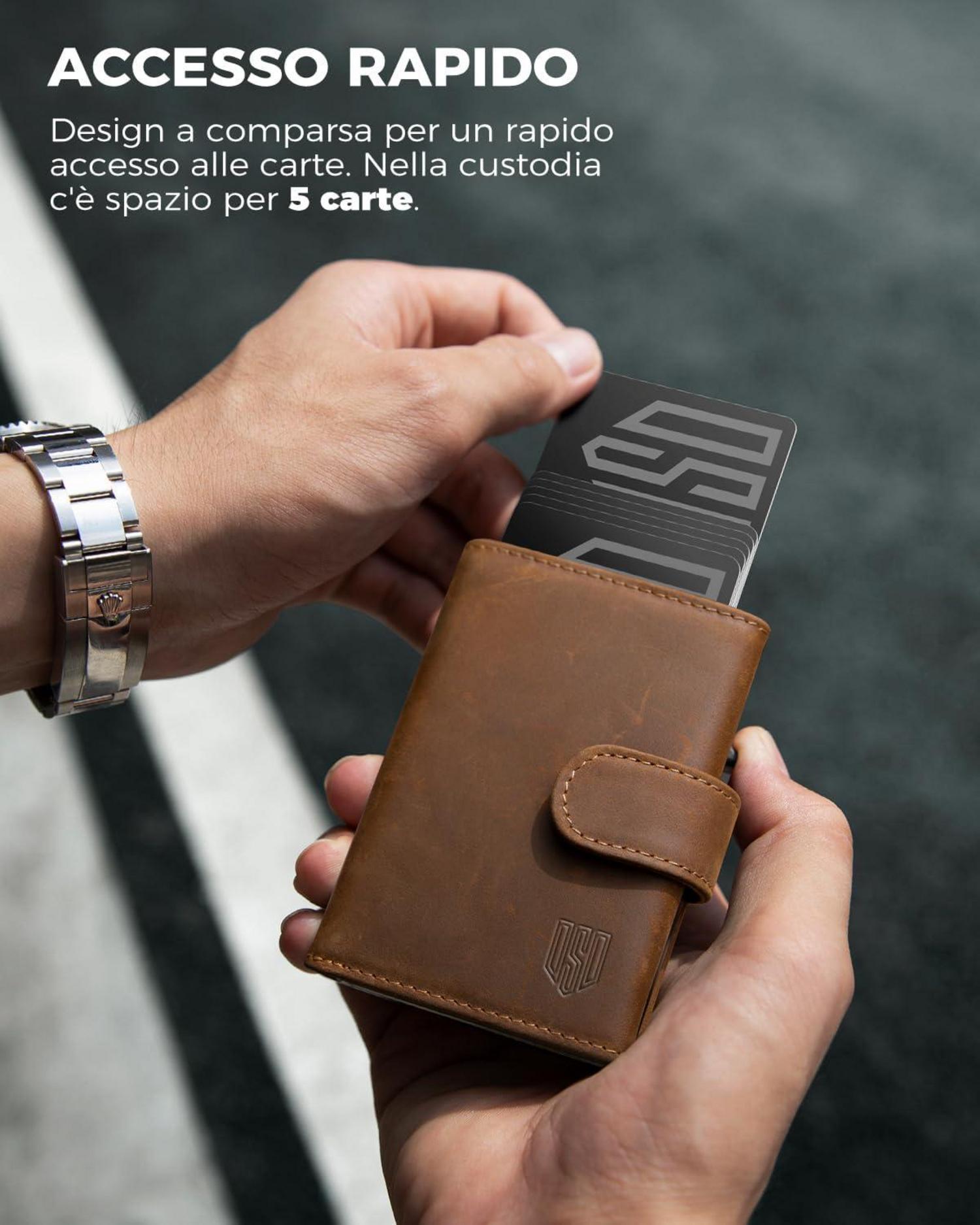 RFID Kreditkartenetui Airtag Pop-up Münzfach Aluminium Braun